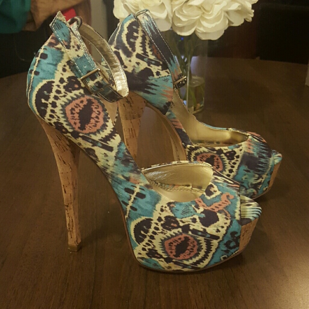 Chinese Laundry Tribal Fabric Cork Heels